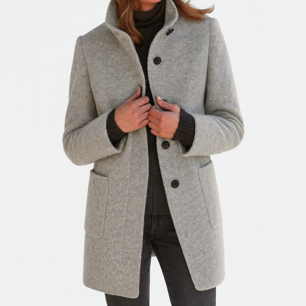 Classic Wool Winter Trench Coat for Women with Stand Collar Long Sleeve Single Breasted Overcoat Style