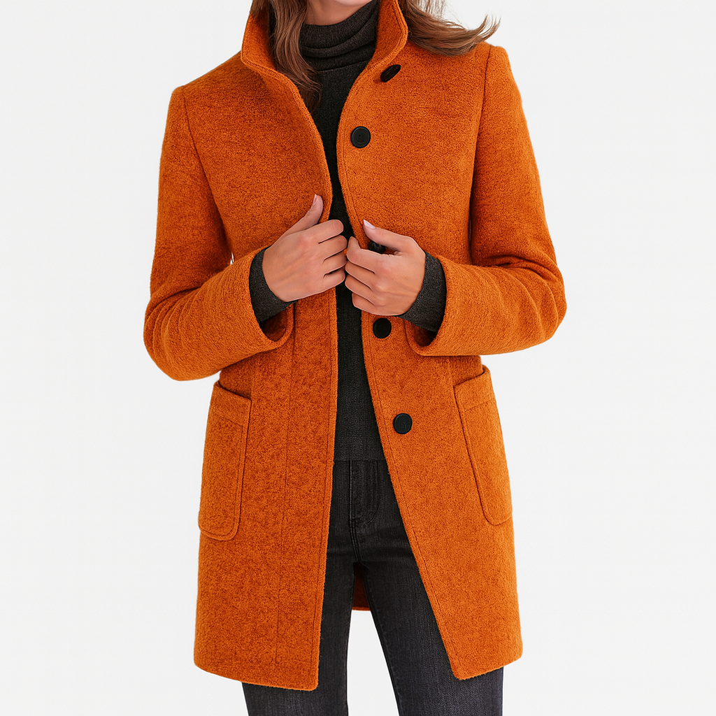 Classic Wool Winter Trench Coat for Women with Stand Collar Long Sleeve Single Breasted Overcoat Style