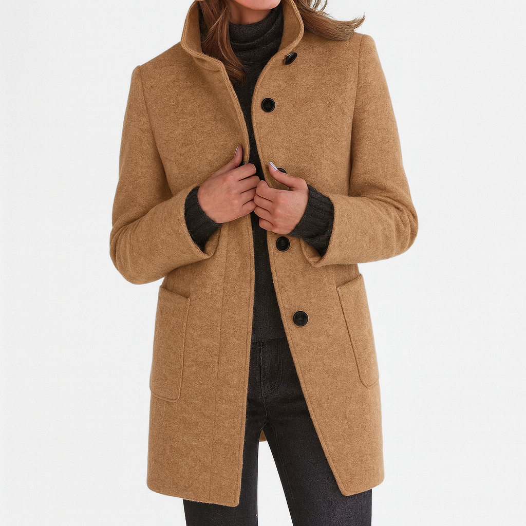 Classic Wool Winter Trench Coat for Women with Stand Collar Long Sleeve Single Breasted Overcoat Style