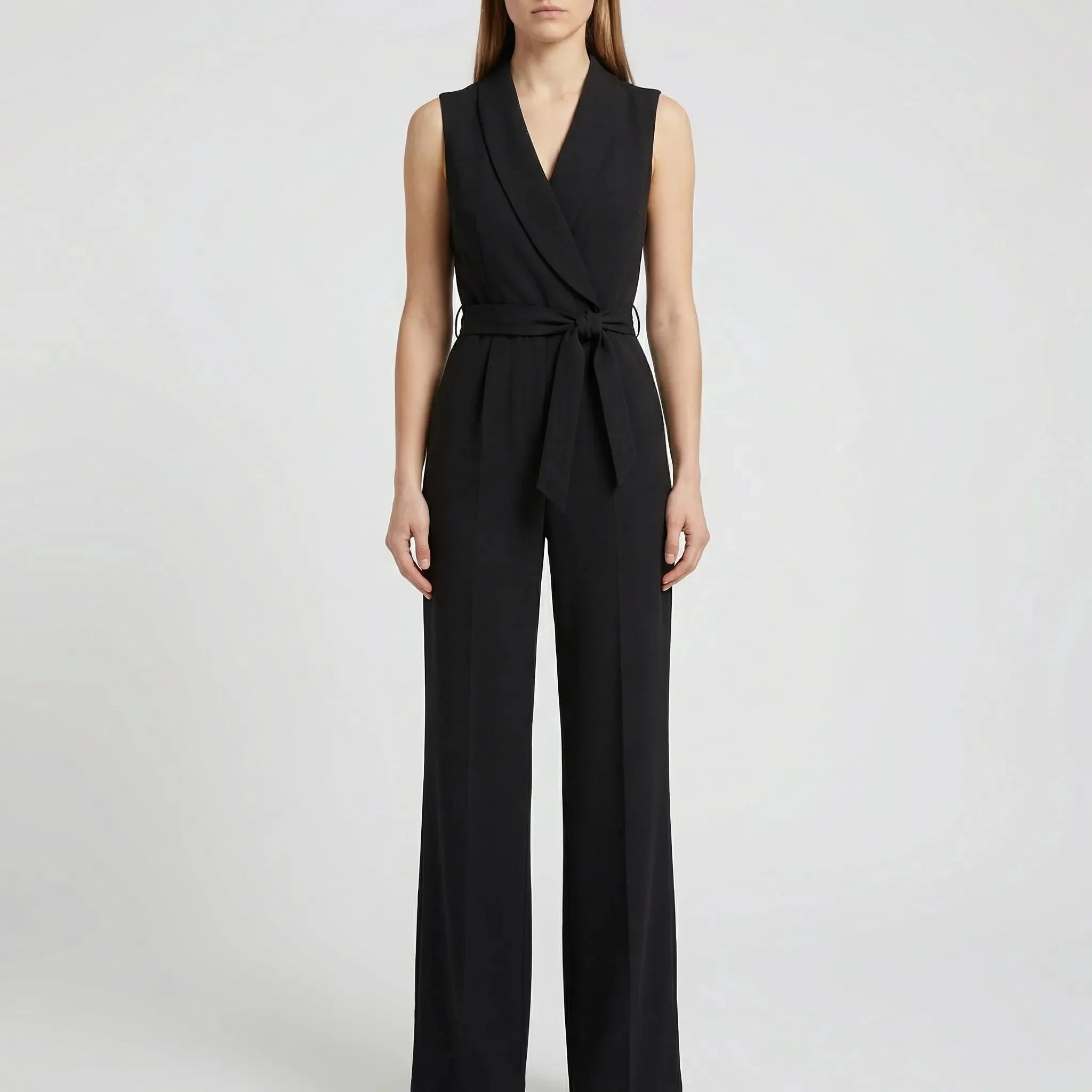 Chic Jumpsuit for Women with Shawl Collar Sleeveless Wrap Belted Wide Leg Style