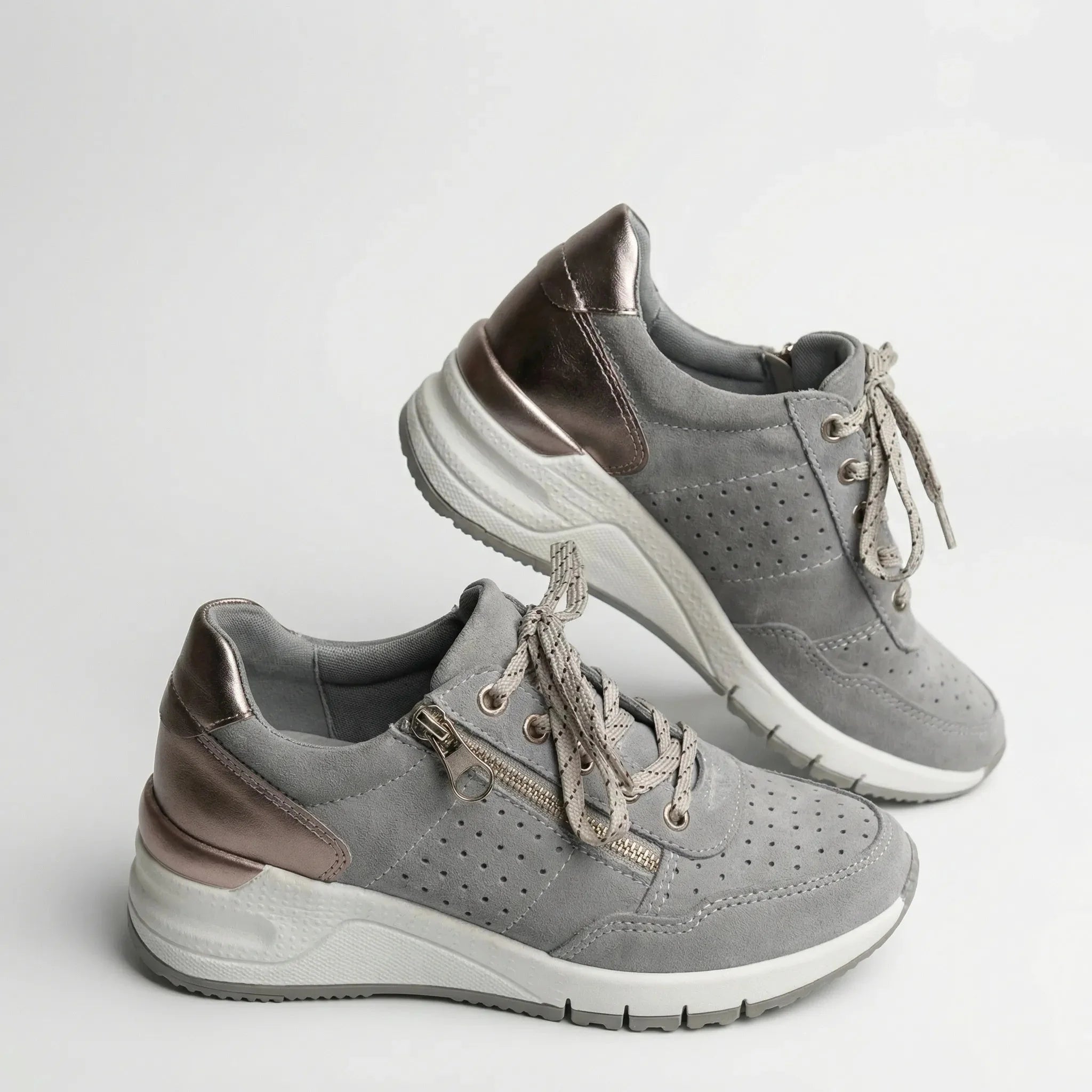 Comfortable Wedge Sneakers for Women with Round Toe Side Zip Lace Up Perforated Chunky Style