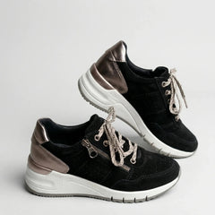 Comfortable Wedge Sneakers for Women with Round Toe Side Zip Lace Up Perforated Chunky Style