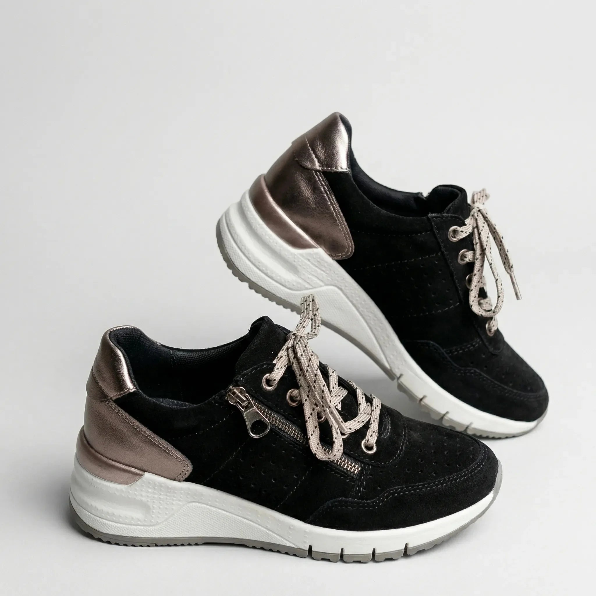 Comfortable Wedge Sneakers for Women with Round Toe Side Zip Lace Up Perforated Chunky Style