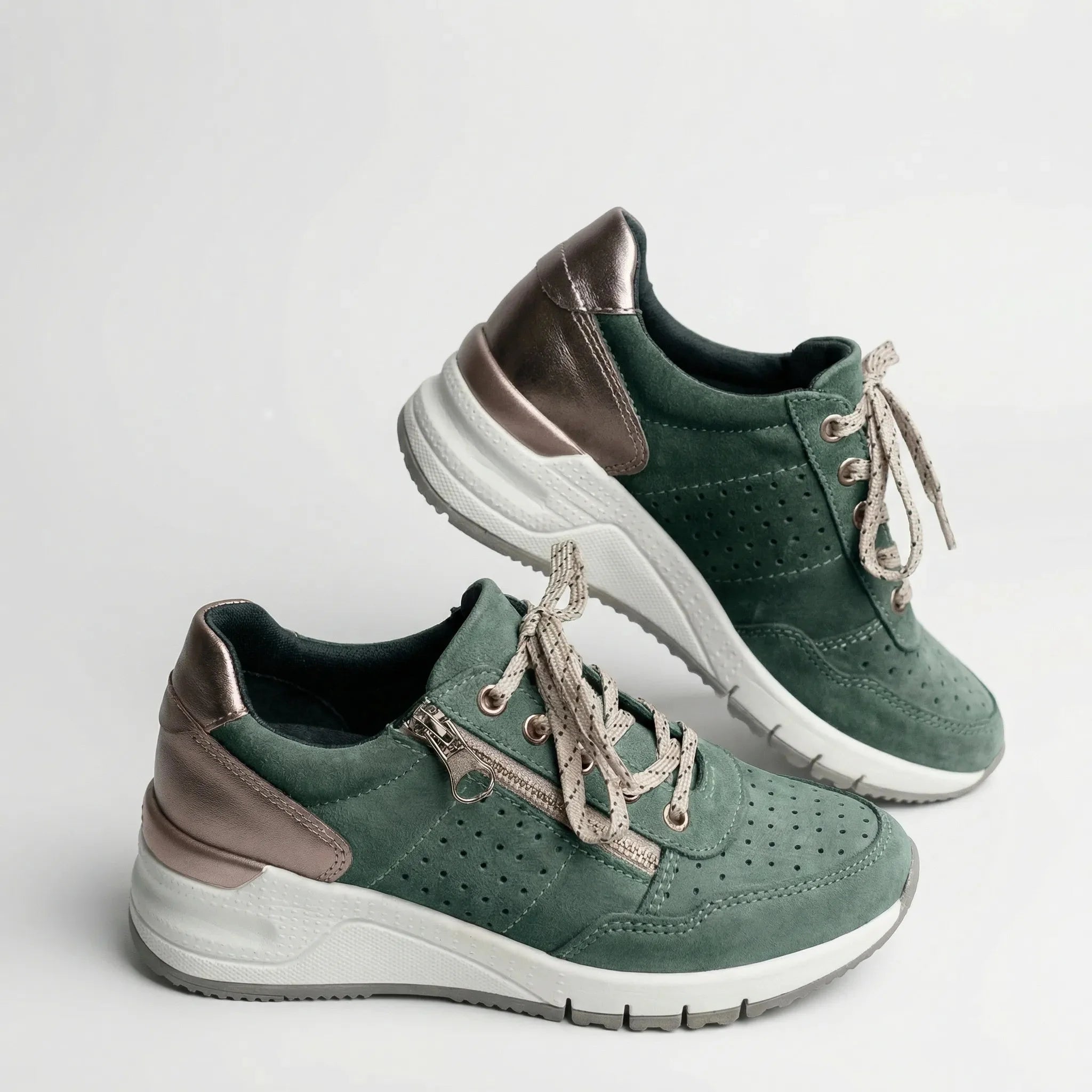 Comfortable Wedge Sneakers for Women with Round Toe Side Zip Lace Up Perforated Chunky Style