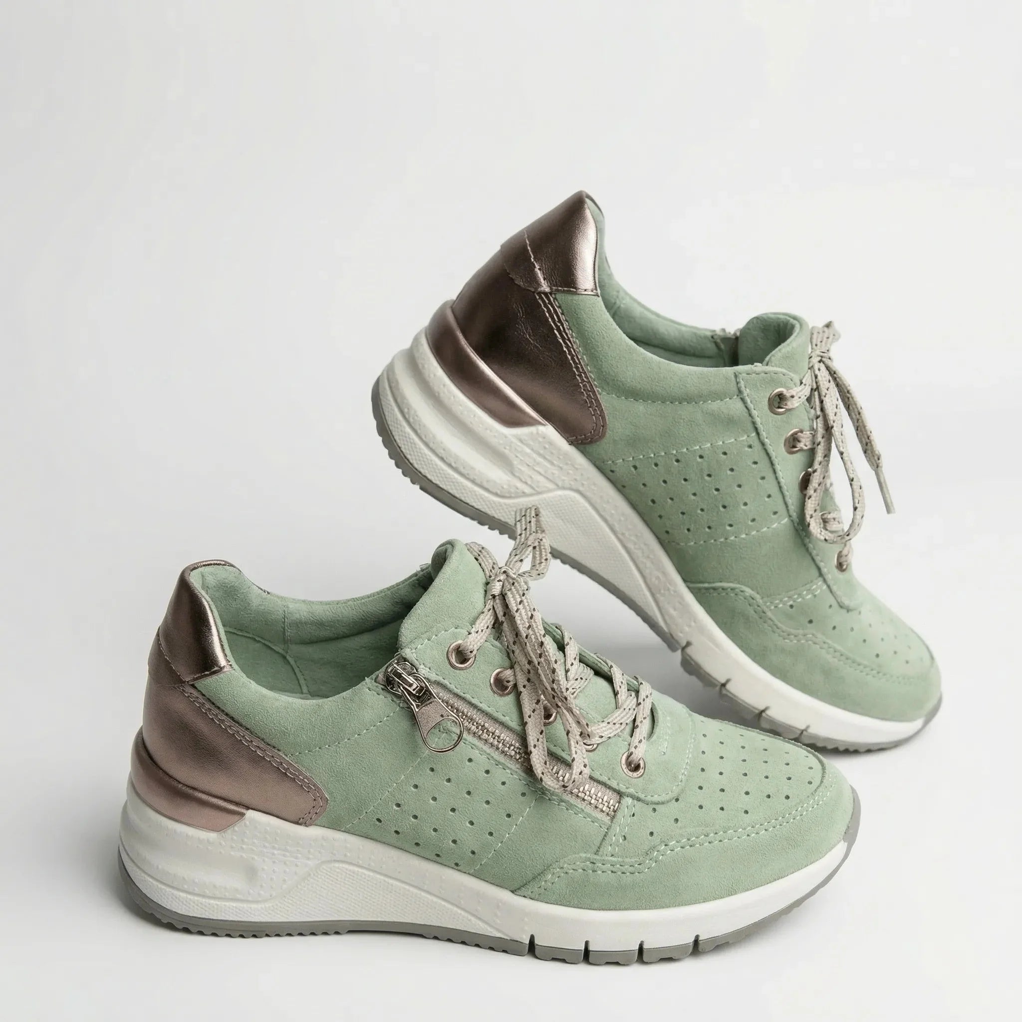 Comfortable Wedge Sneakers for Women with Round Toe Side Zip Lace Up Perforated Chunky Style