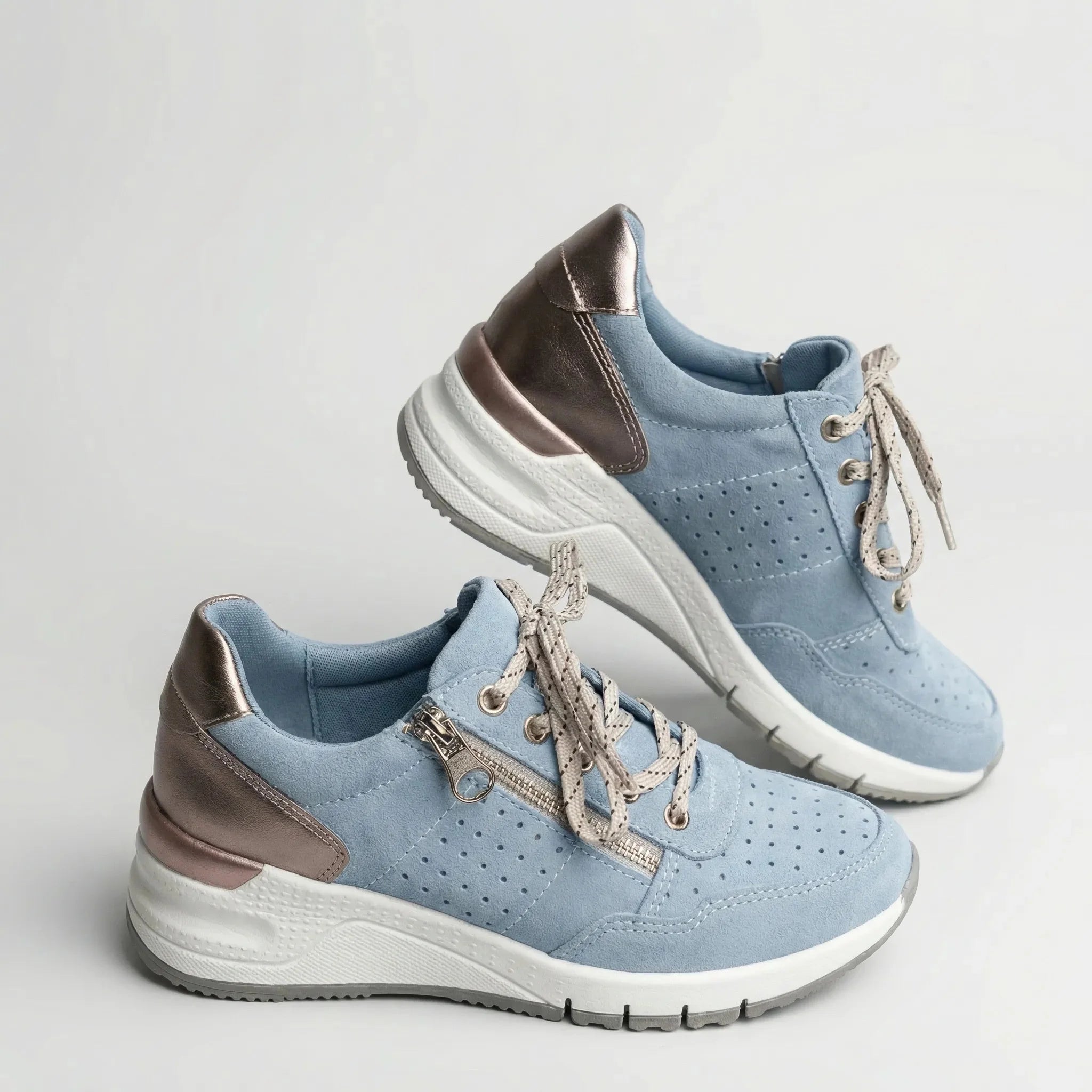 Comfortable Wedge Sneakers for Women with Round Toe Side Zip Lace Up Perforated Chunky Style