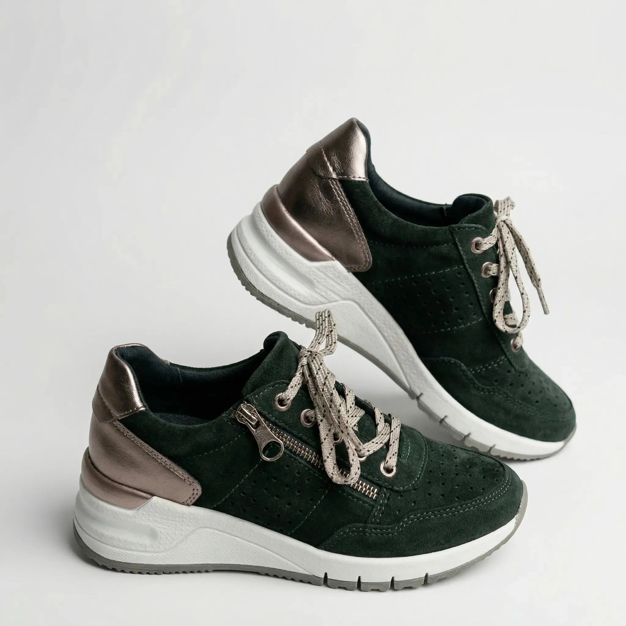 Comfortable Wedge Sneakers for Women with Round Toe Side Zip Lace Up Perforated Chunky Style