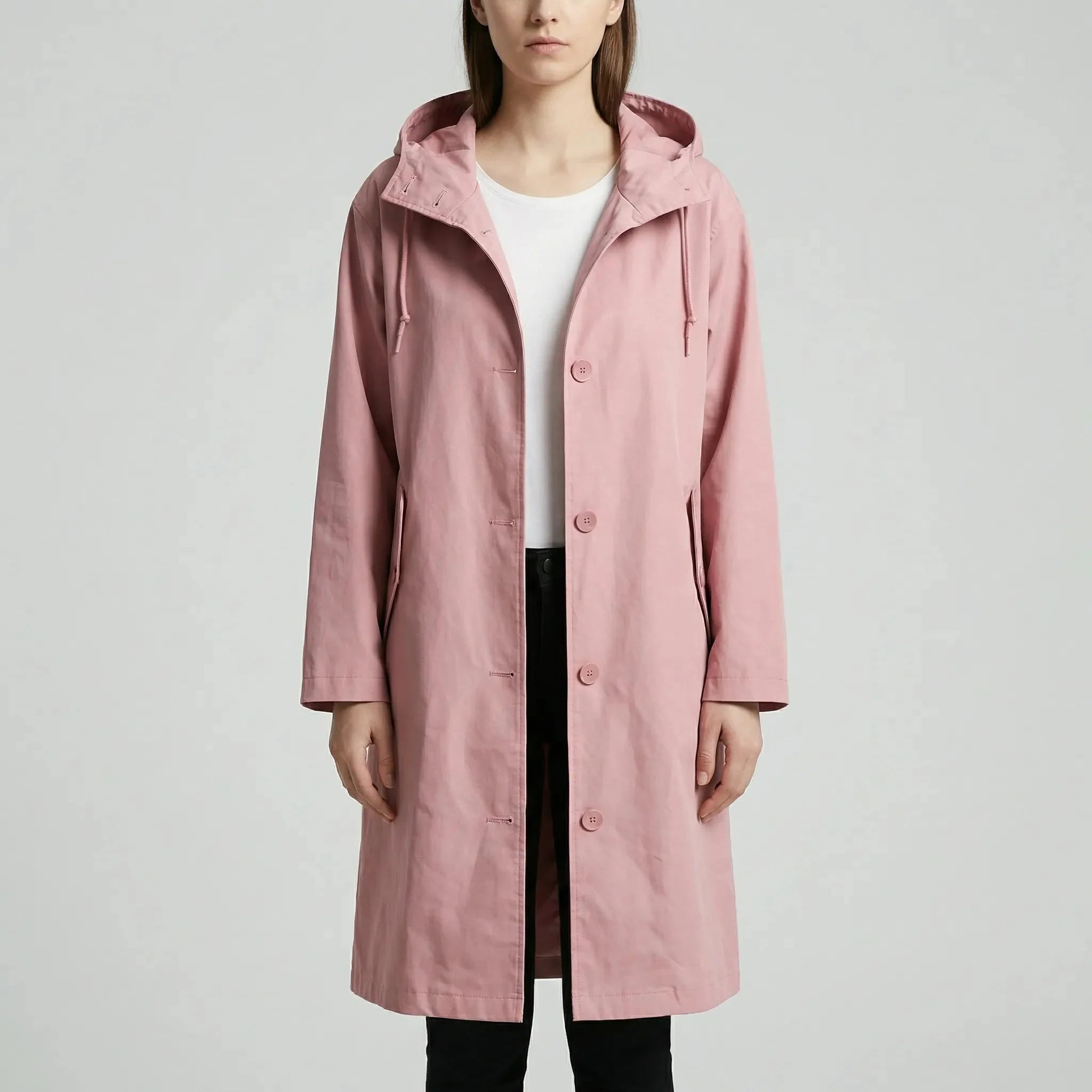Cozy Rain Coat for Women with Hooded Collar Long Sleeve Button Up Longline Oversized Style
