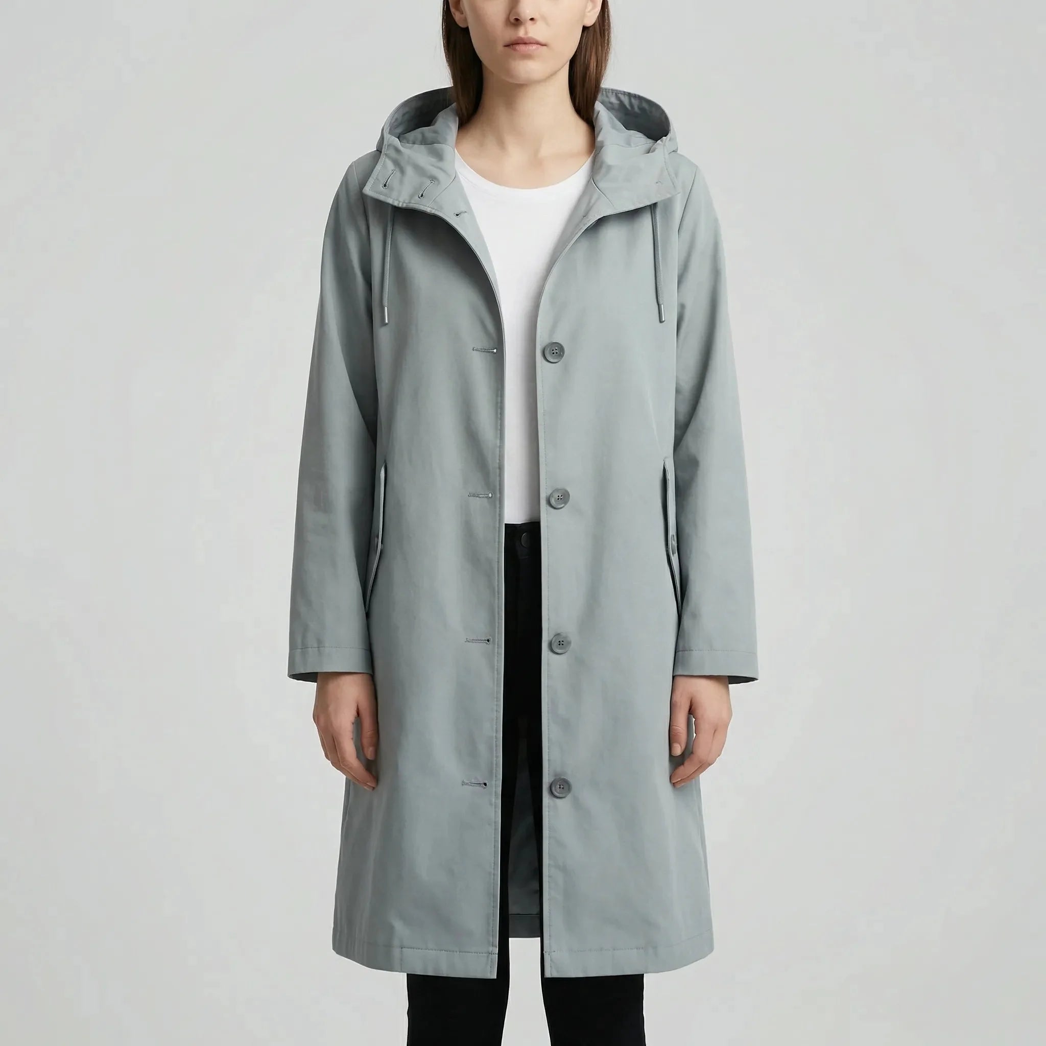 Cozy Rain Coat for Women with Hooded Collar Long Sleeve Button Up Longline Oversized Style