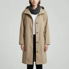 Cozy Rain Coat for Women with Hooded Collar Long Sleeve Button Up Longline Oversized Style