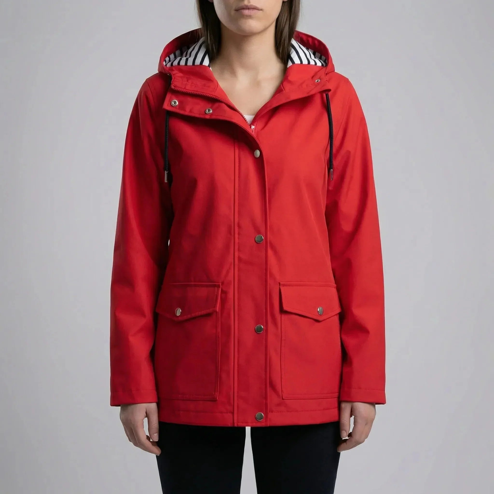 Effortless Hooded Rain Jacket for Women with Drawstring Hood Long Sleeve Flap Pocket Longline Style
