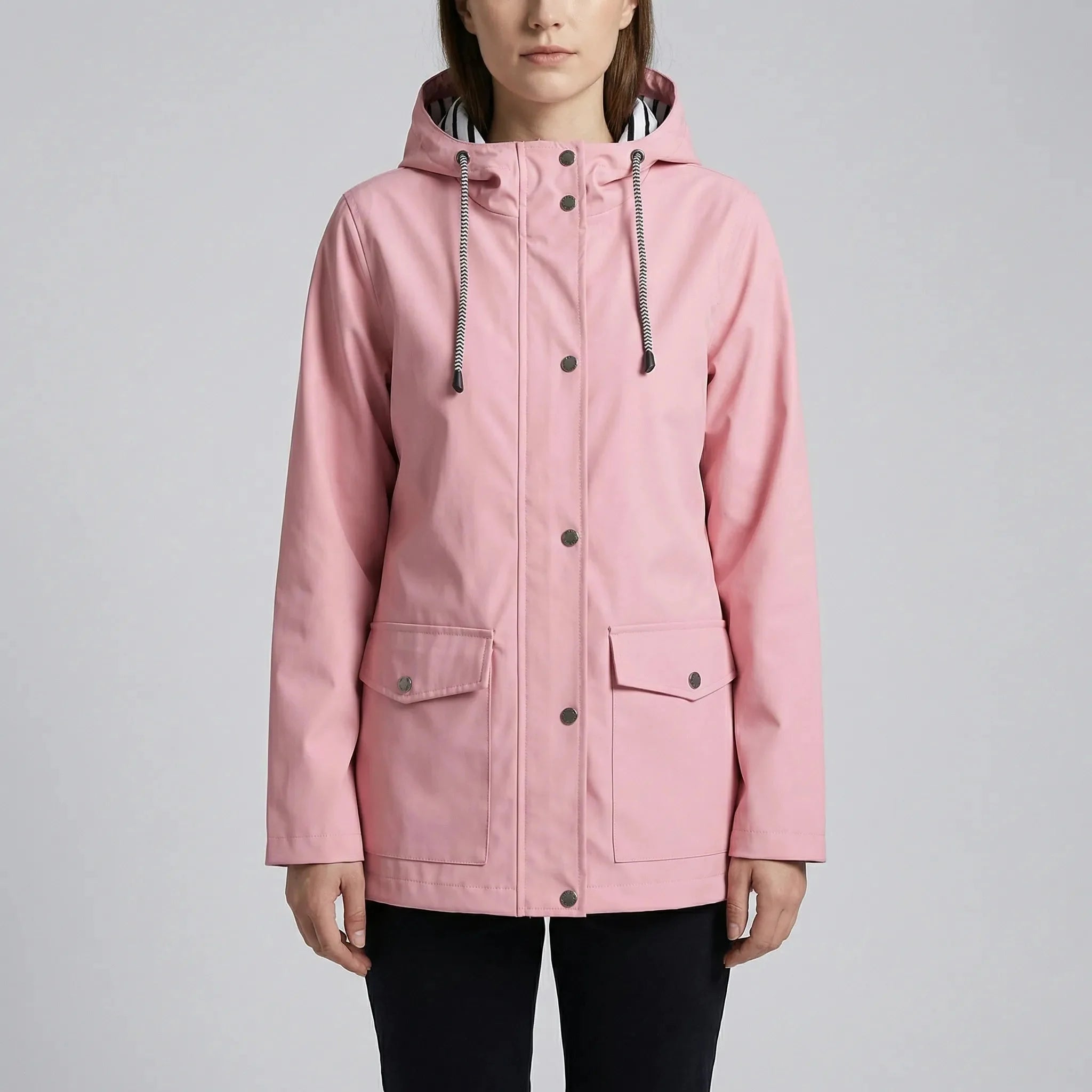 Effortless Hooded Rain Jacket for Women with Drawstring Hood Long Sleeve Flap Pocket Longline Style
