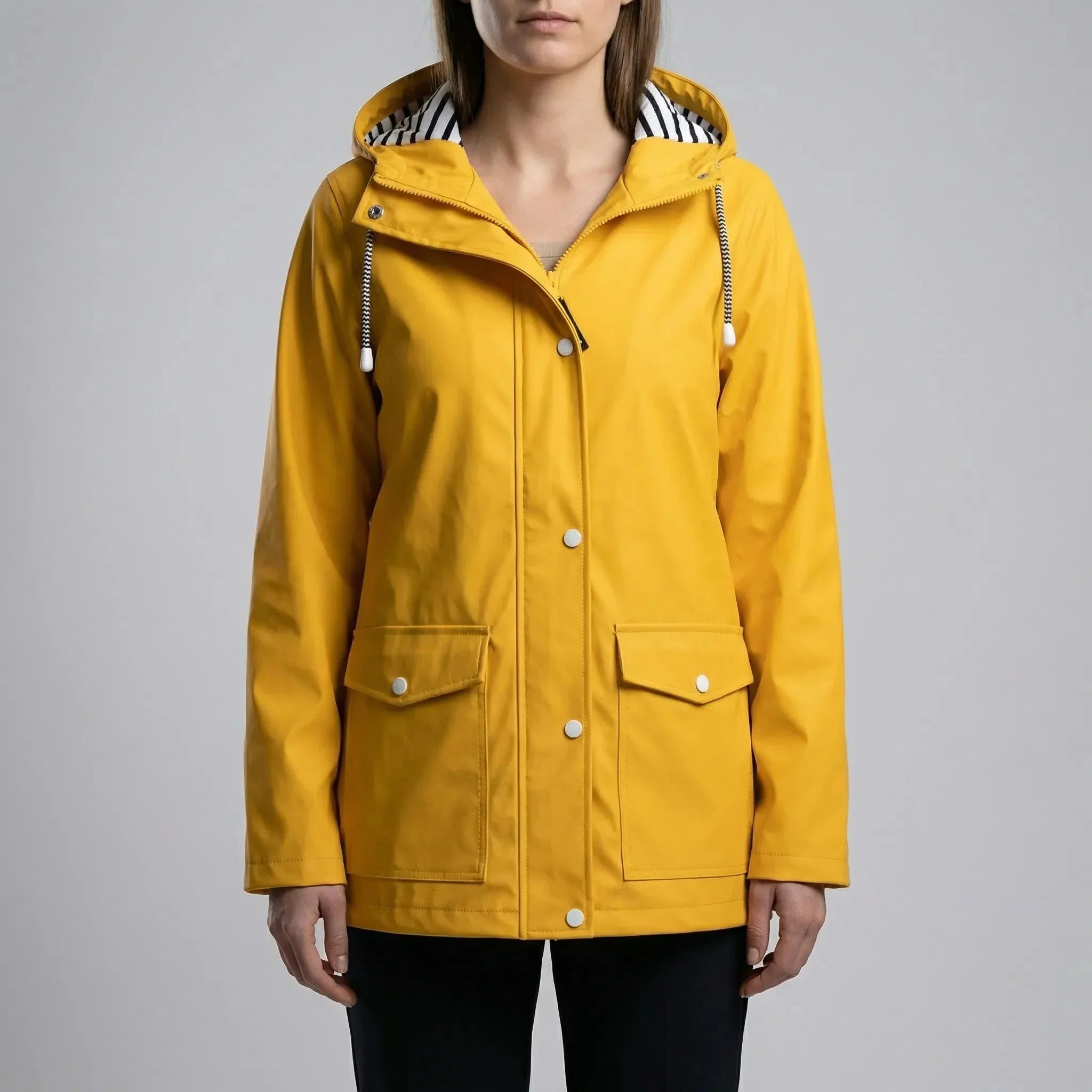 Effortless Hooded Rain Jacket for Women with Drawstring Hood Long Sleeve Flap Pocket Longline Style