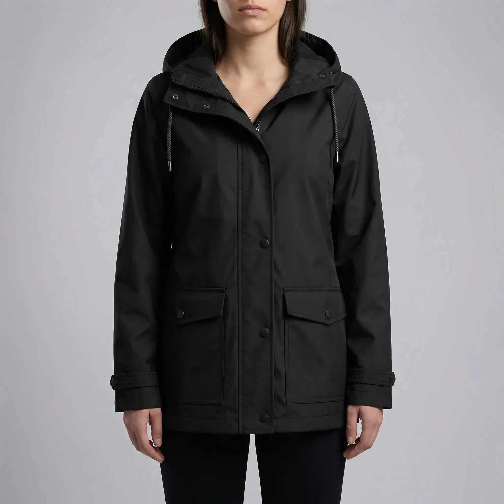 Effortless Hooded Rain Jacket for Women with Drawstring Hood Long Sleeve Flap Pocket Longline Style