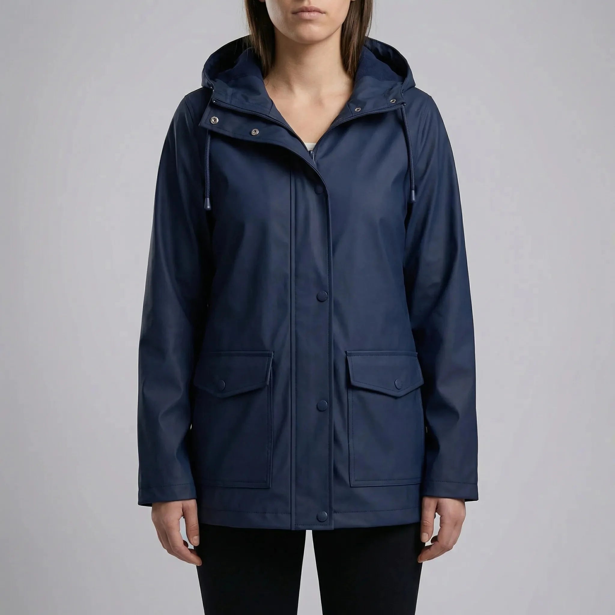 Effortless Hooded Rain Jacket for Women with Drawstring Hood Long Sleeve Flap Pocket Longline Style