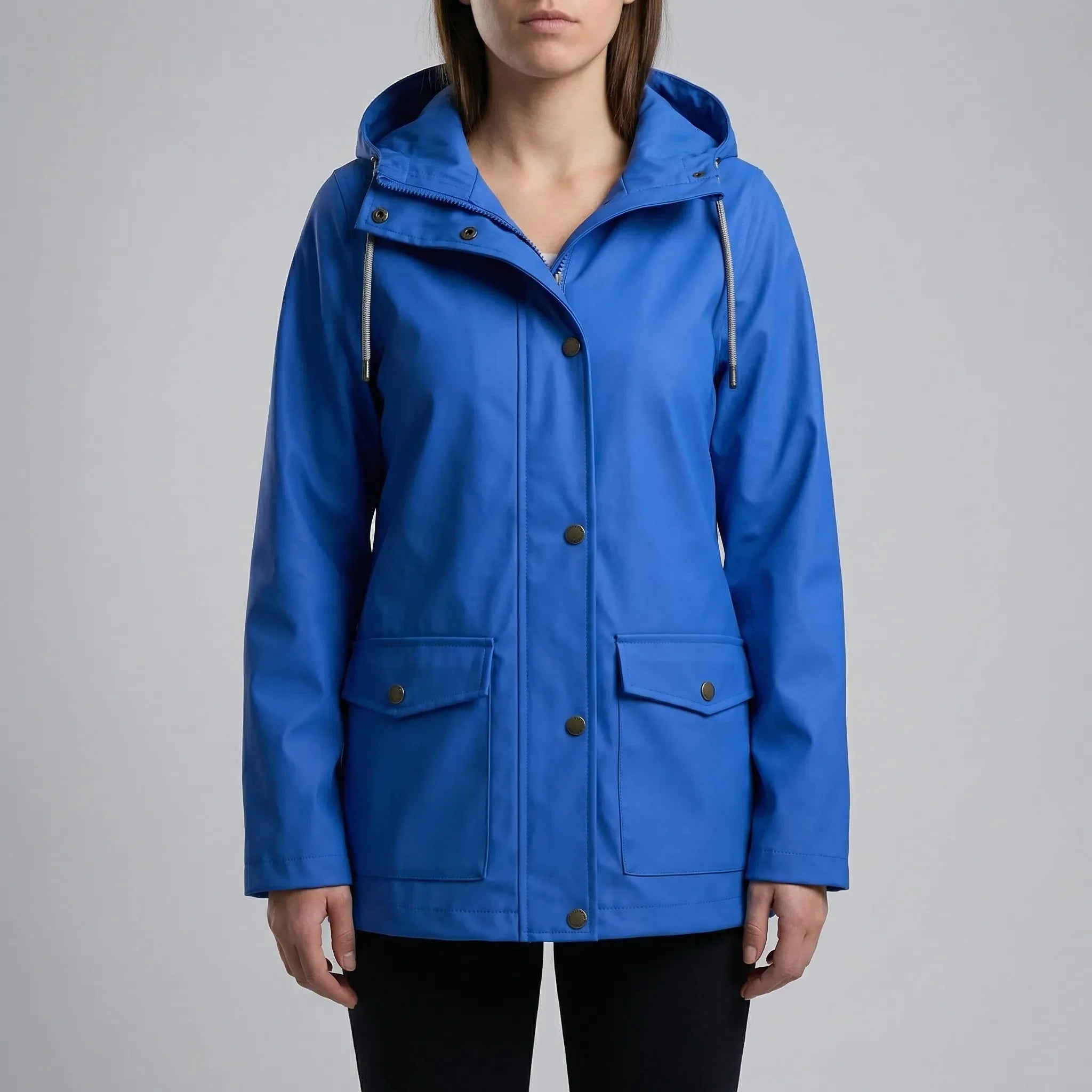 Effortless Hooded Rain Jacket for Women with Drawstring Hood Long Sleeve Flap Pocket Longline Style