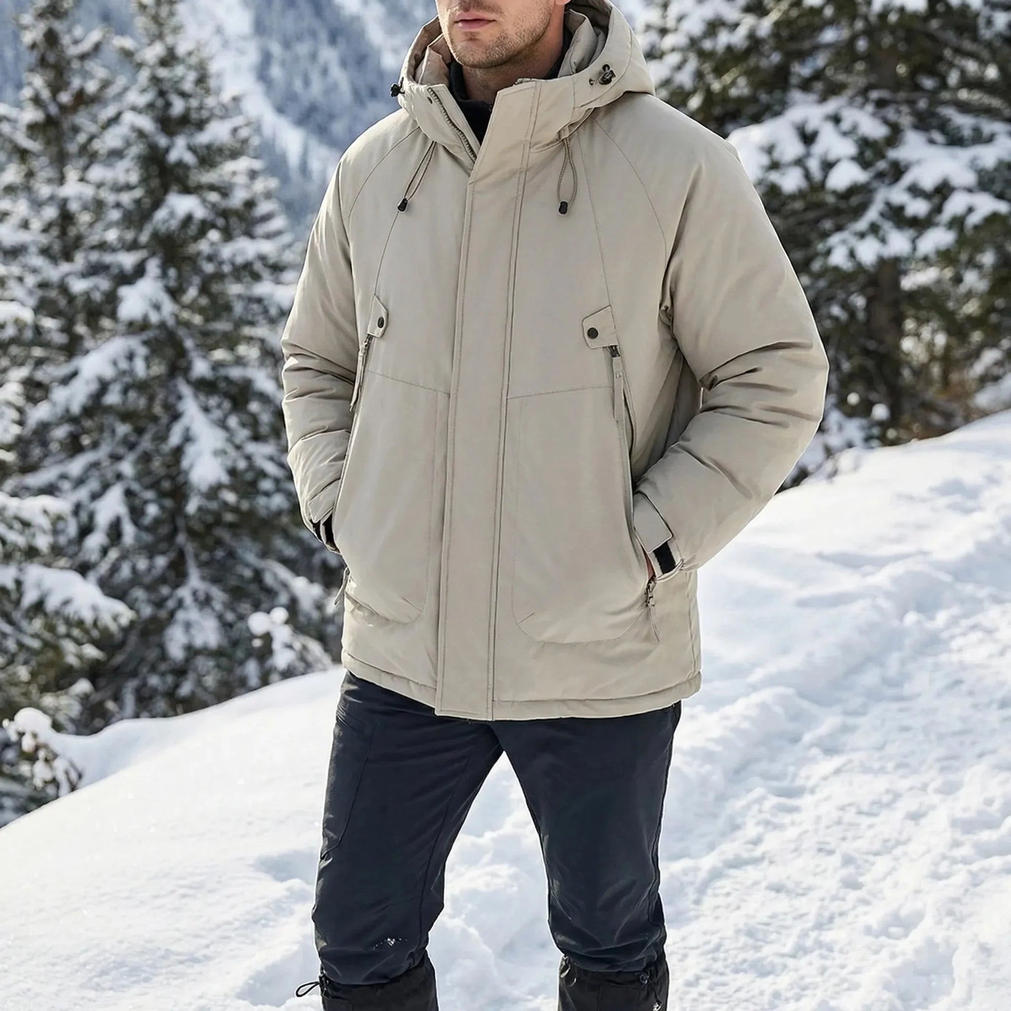 Warm Parka Jacket for Men with Hooded Collar Long Sleeve Zip Up Insulated Winter Style