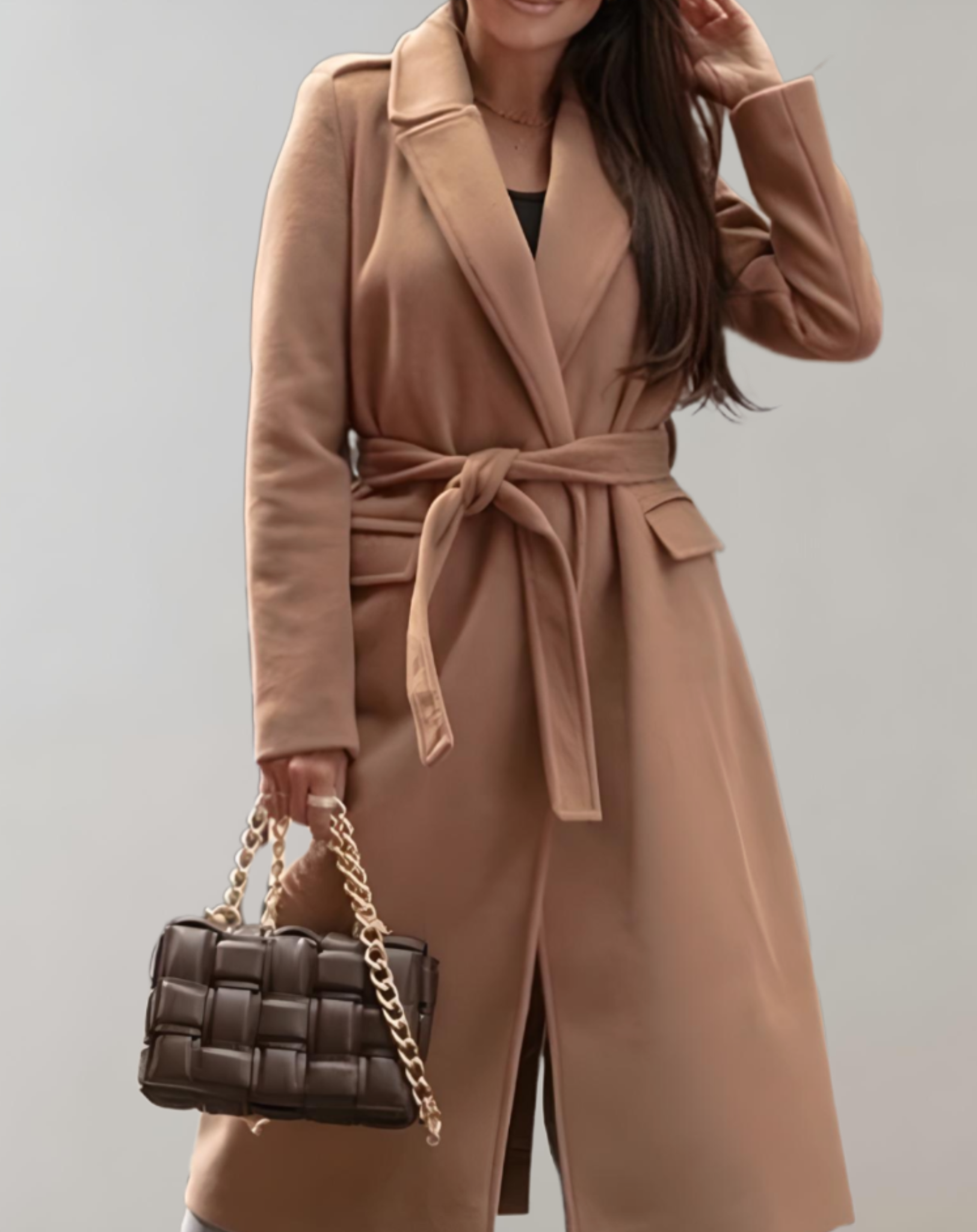 Elegant Long Winter Trench Coat for Women with Notched Lapel Long Sleeve Tie Belt Wrap Style