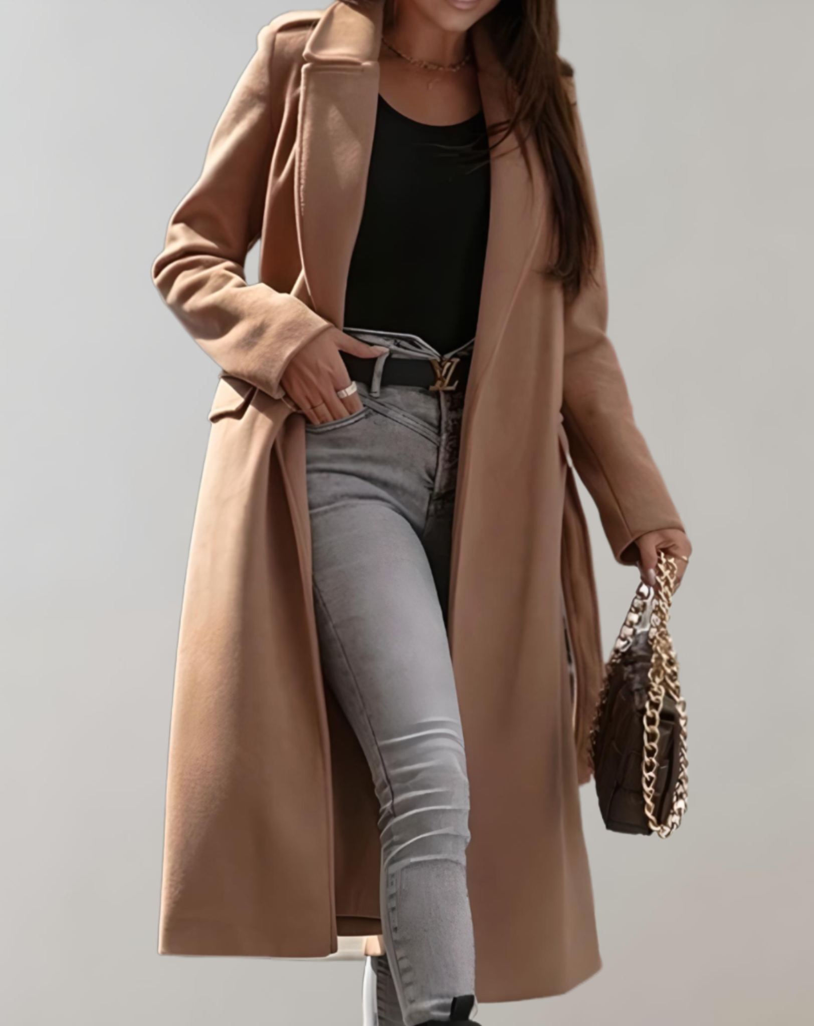Elegant Long Winter Trench Coat for Women with Notched Lapel Long Sleeve Tie Belt Wrap Style