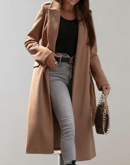 Elegant Long Winter Trench Coat for Women with Notched Lapel Long Sleeve Tie Belt Wrap Style