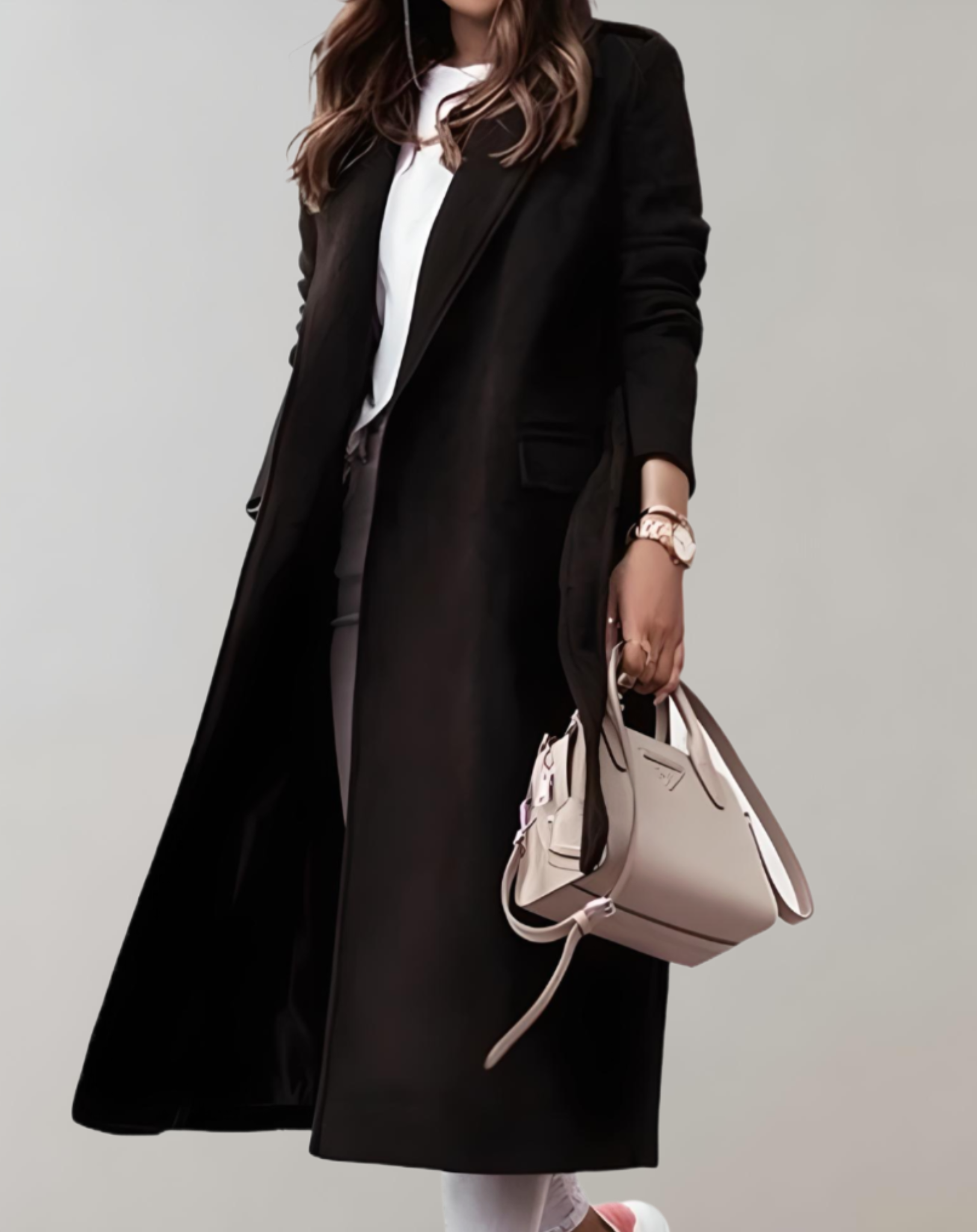 Elegant Long Winter Trench Coat for Women with Notched Lapel Long Sleeve Tie Belt Wrap Style