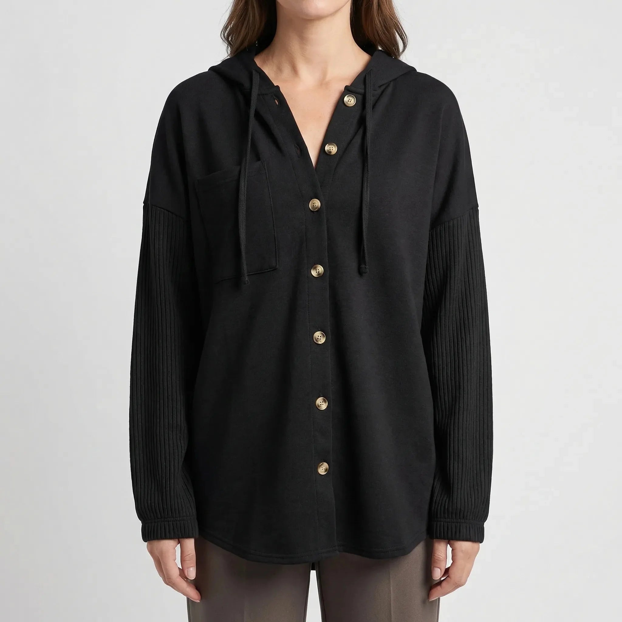 Cozy Shacket for Women with Hooded Collar Long Sleeve Button Front Knit Panel Oversized Style