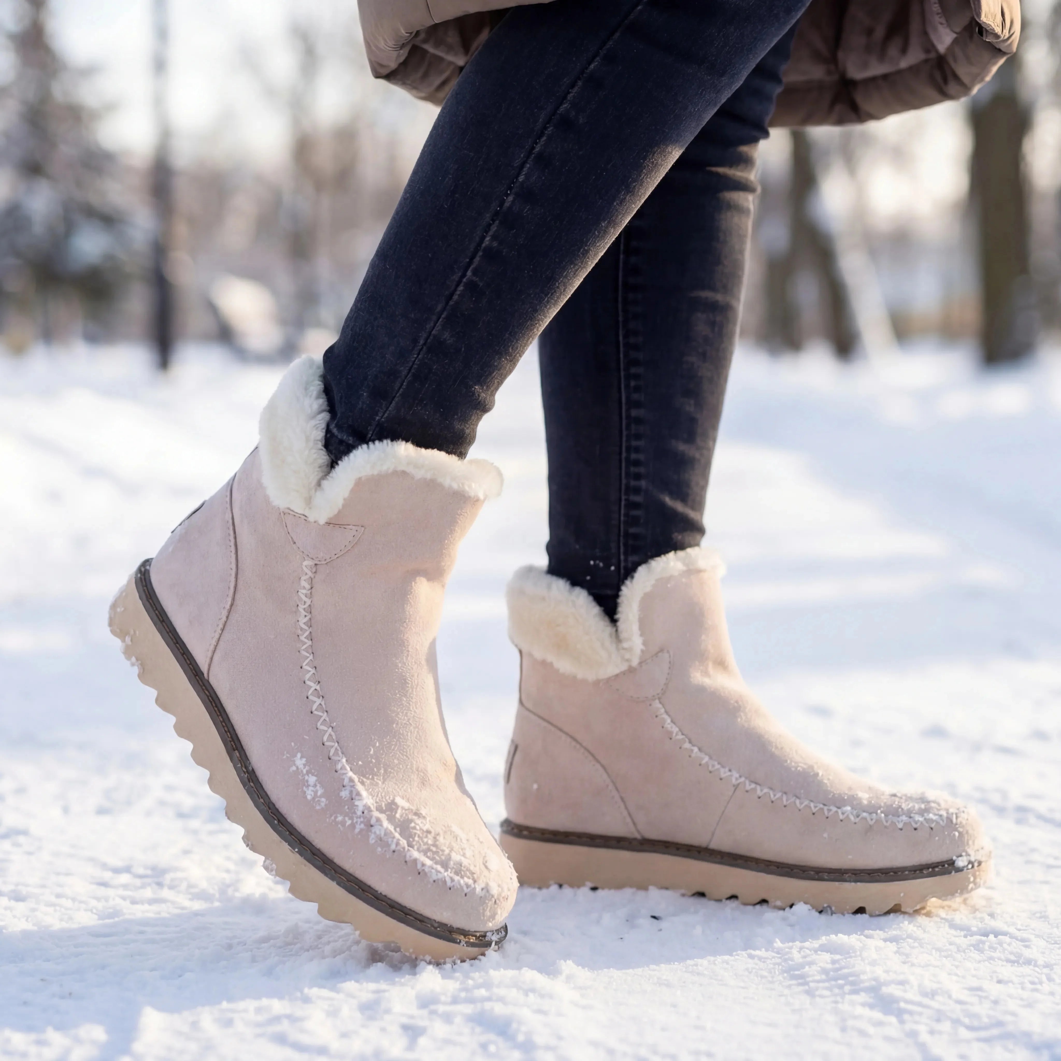 Women's Suede Fur-Lined Ankle Winter Snow Boots Slip-On Moccasin Warm Platform