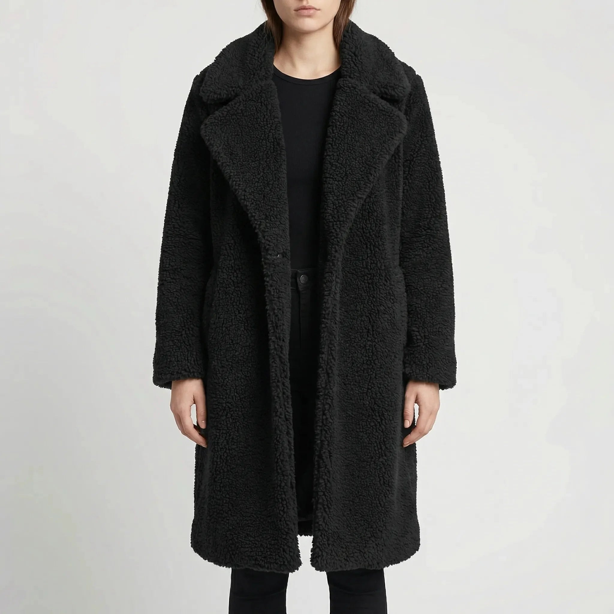 Cozy Teddy Coat for Women with Notched Lapel Long Sleeve Open Front Faux Fur Longline Style