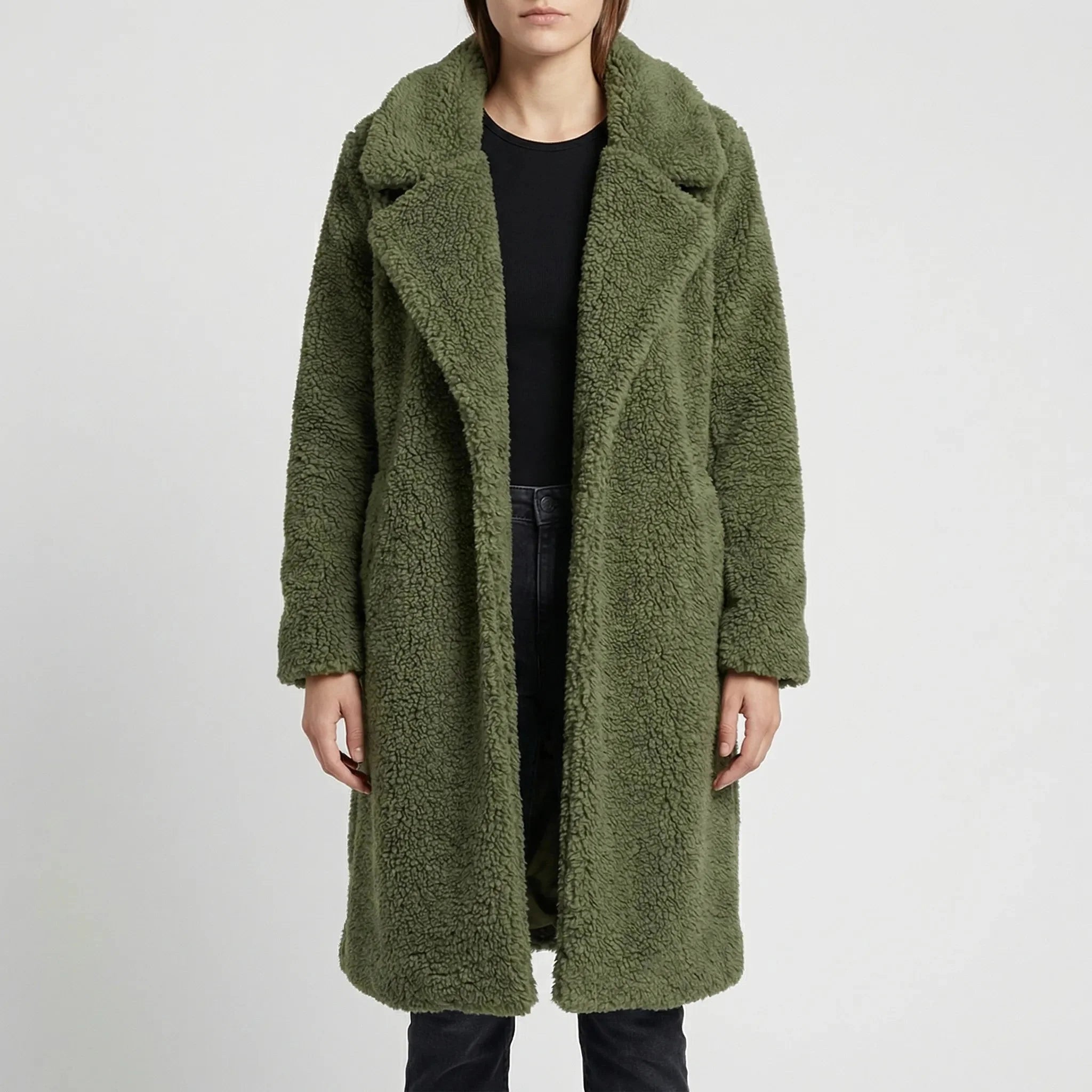 Cozy Teddy Coat for Women with Notched Lapel Long Sleeve Open Front Faux Fur Longline Style
