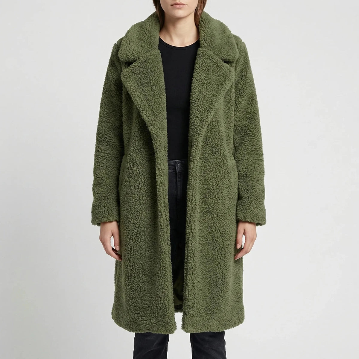 Cozy Teddy Coat for Women with Notched Lapel Long Sleeve Open Front Faux Fur Longline Style