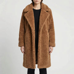 Cozy Teddy Coat for Women with Notched Lapel Long Sleeve Open Front Faux Fur Longline Style