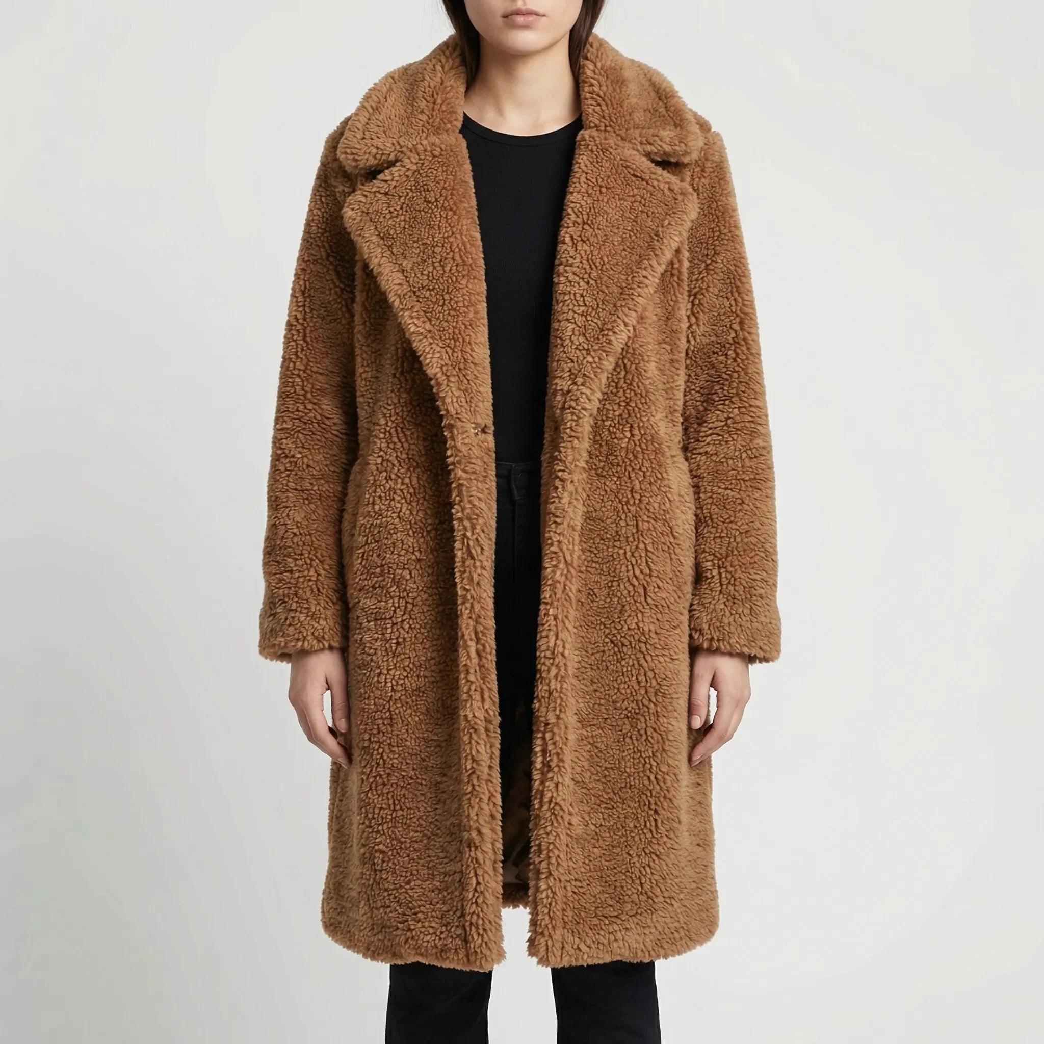 Cozy Teddy Coat for Women with Notched Lapel Long Sleeve Open Front Faux Fur Longline Style