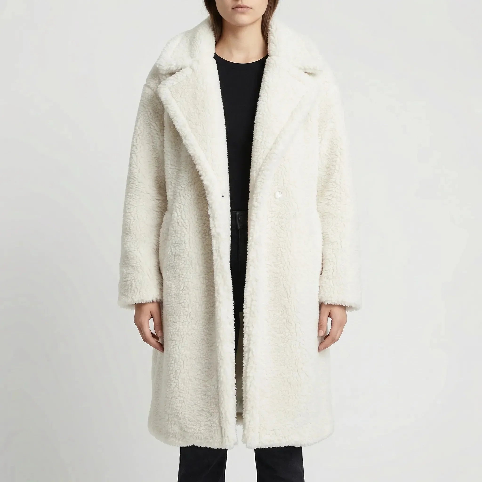 Cozy Teddy Coat for Women with Notched Lapel Long Sleeve Open Front Faux Fur Longline Style