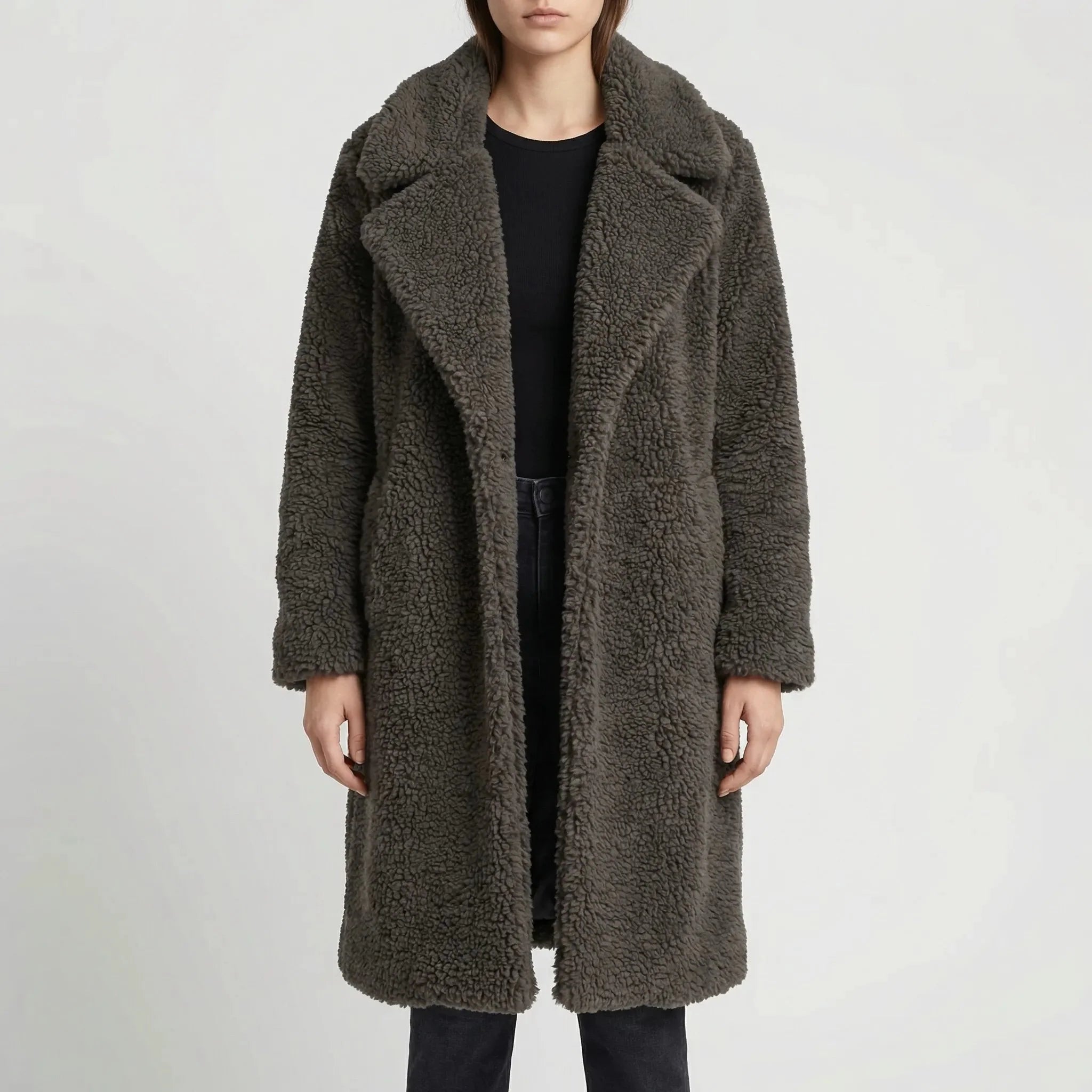 Cozy Teddy Coat for Women with Notched Lapel Long Sleeve Open Front Faux Fur Longline Style