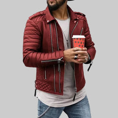 Edgy Leather Jacket for Men with Notch Lapel Long Sleeve Asymmetric Zip Quilted Moto Style