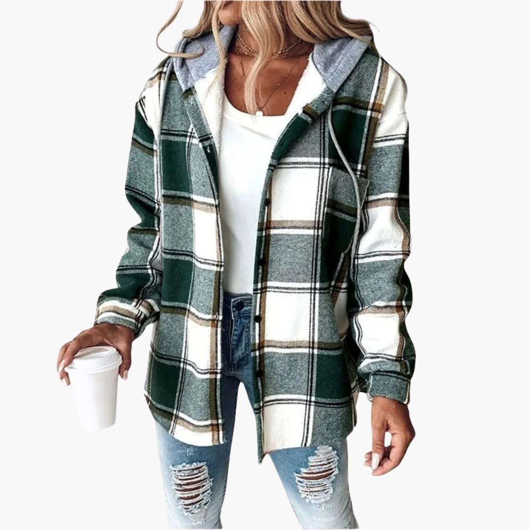 Cozy Plaid Shacket for Women with Hooded Collar Long Sleeve Snap Front Flannel Style
