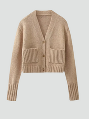 Cozy Beige Knit Cardigan for Women with V Neck Long Sleeve Button Front Patch Pocket Style