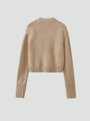 Cozy Beige Knit Cardigan for Women with V Neck Long Sleeve Button Front Patch Pocket Style
