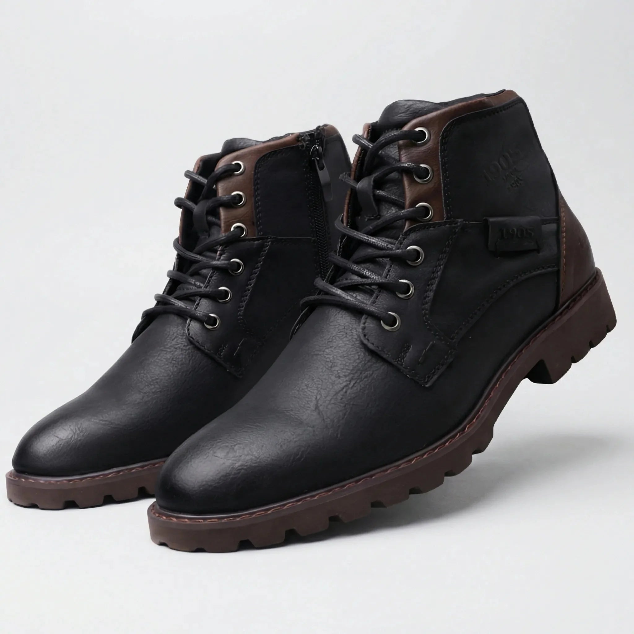 Stylish Ankle Boots for Men with Round Toe Lace Up Side Zip Lug Sole Combat Style