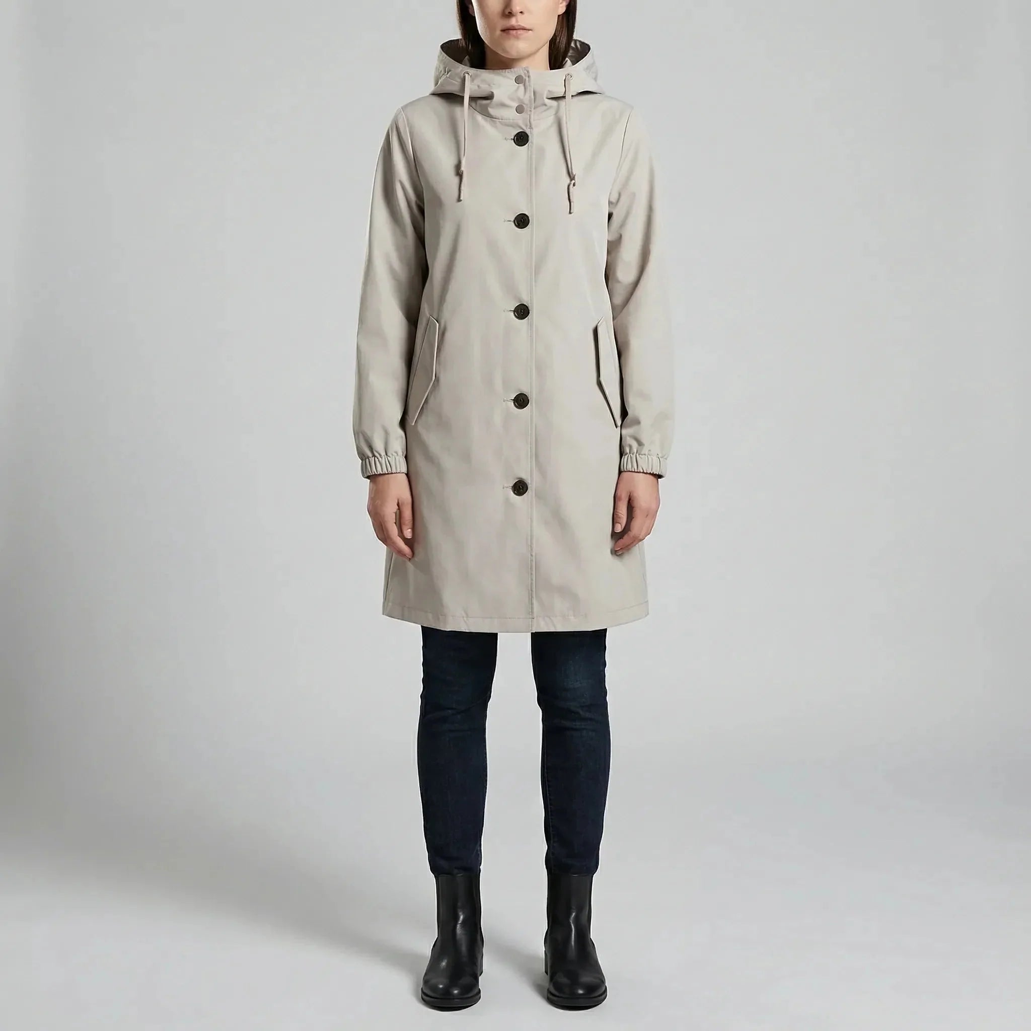 Effortless Beige Rain Coat for Women with Hooded Collar Long Sleeve Button Up Knee Length Style