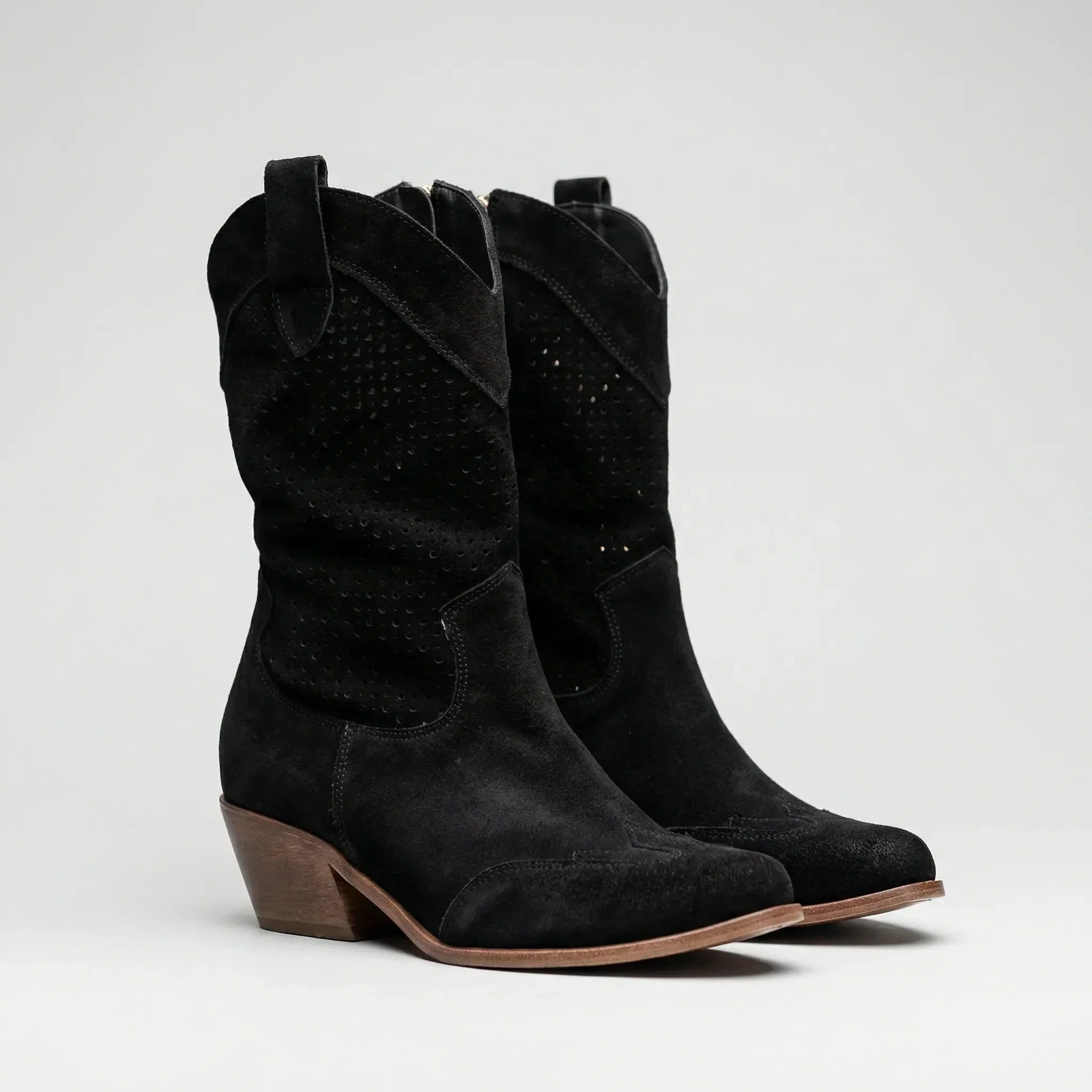 Women's Western Cowgirl Boots Faux Suede Mid-Calf Pointed Toe Stacked Heel Pull-On Cowboy