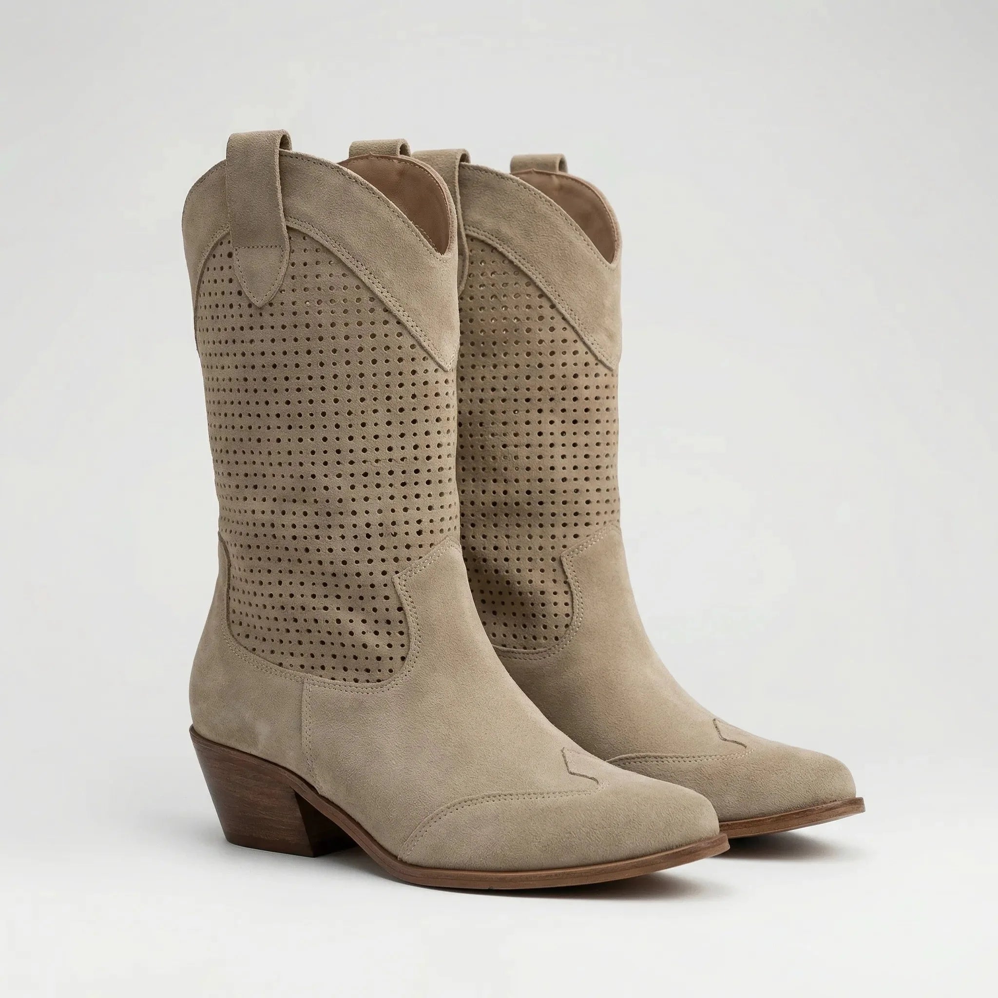 Women's Western Cowgirl Boots Faux Suede Mid-Calf Pointed Toe Stacked Heel Pull-On Cowboy