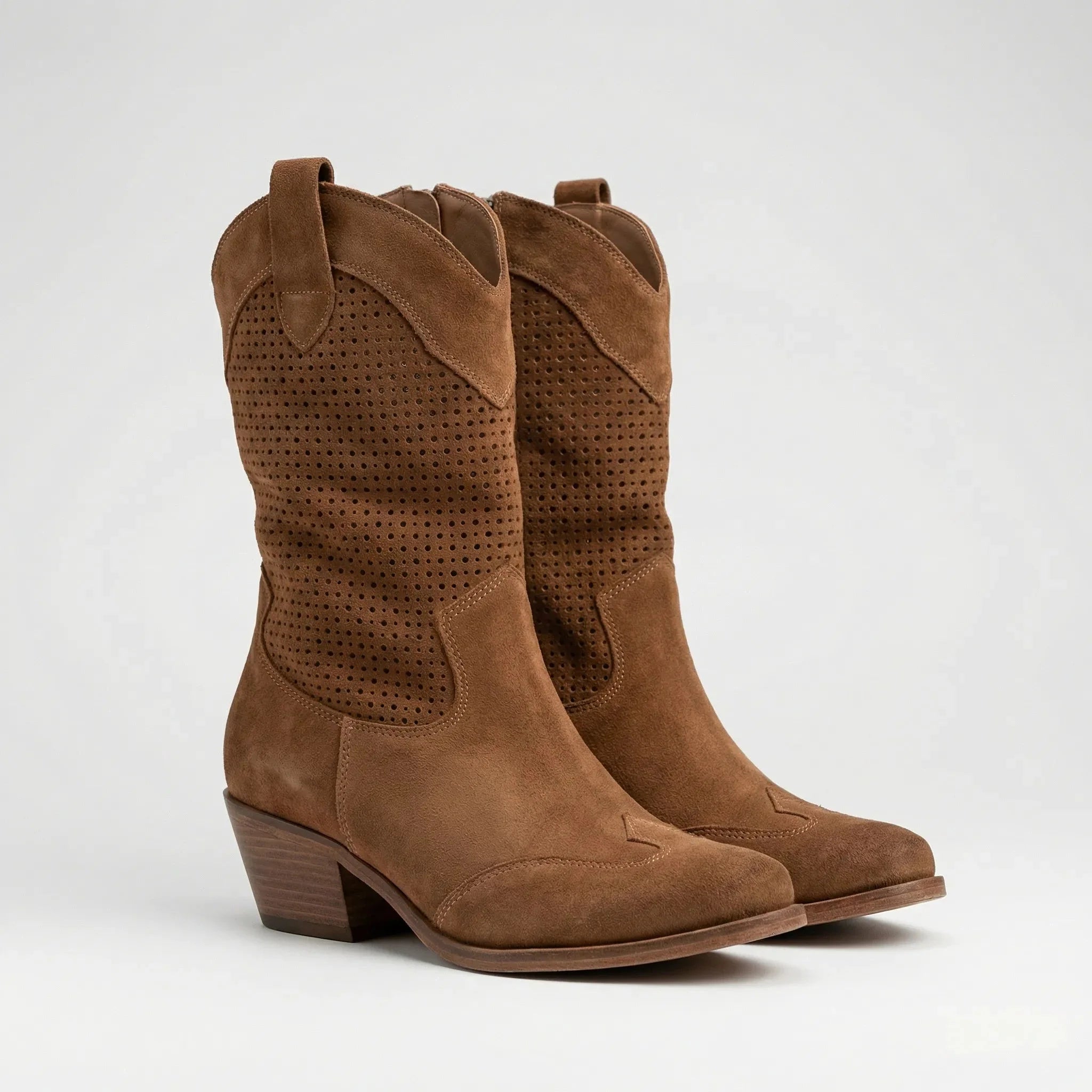 Women's Western Cowgirl Boots Faux Suede Mid-Calf Pointed Toe Stacked Heel Pull-On Cowboy