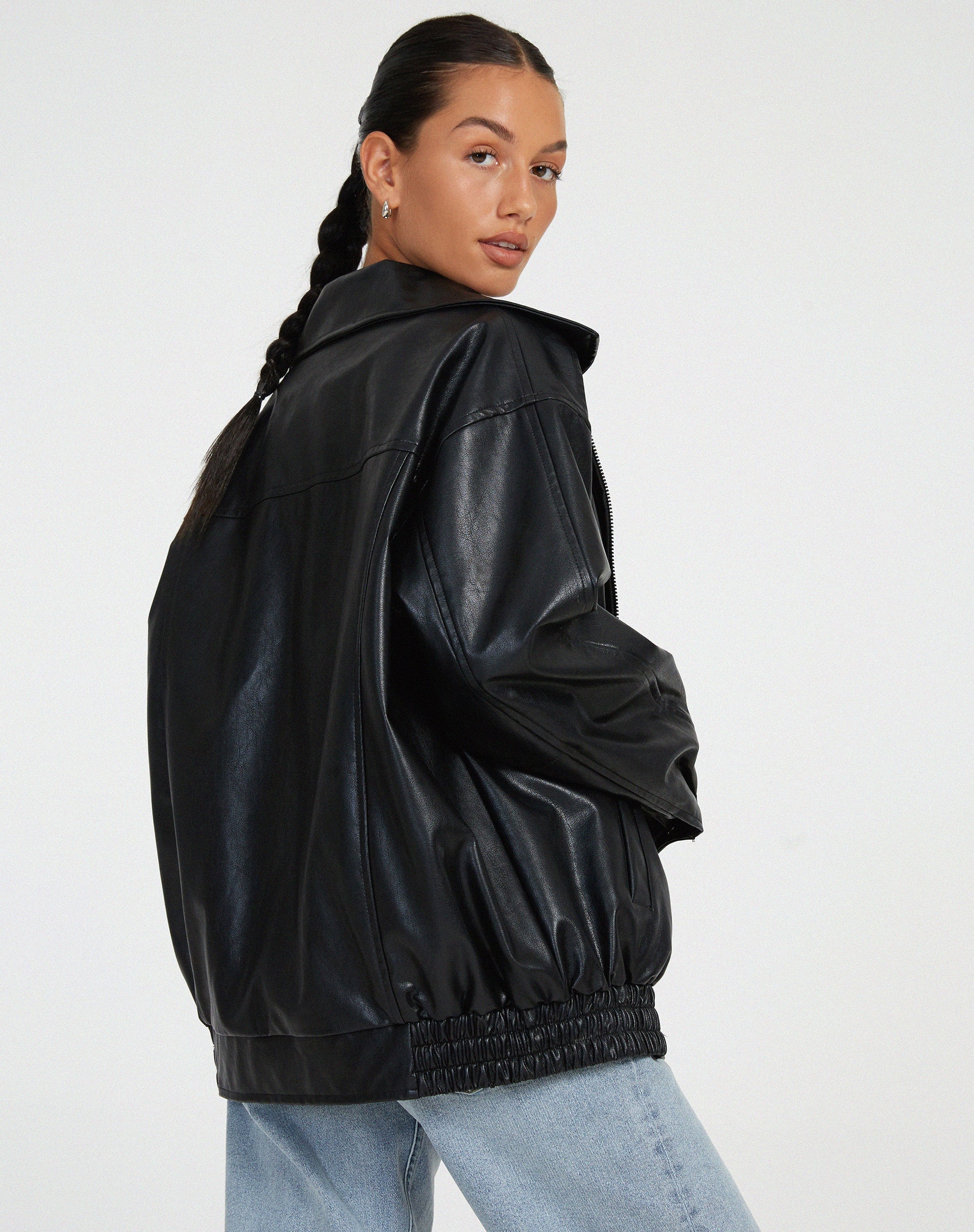 Effortless Brown Oversized Faux Leather Jacket for Women with Spread Collar Zip Front Relaxed Casual Style