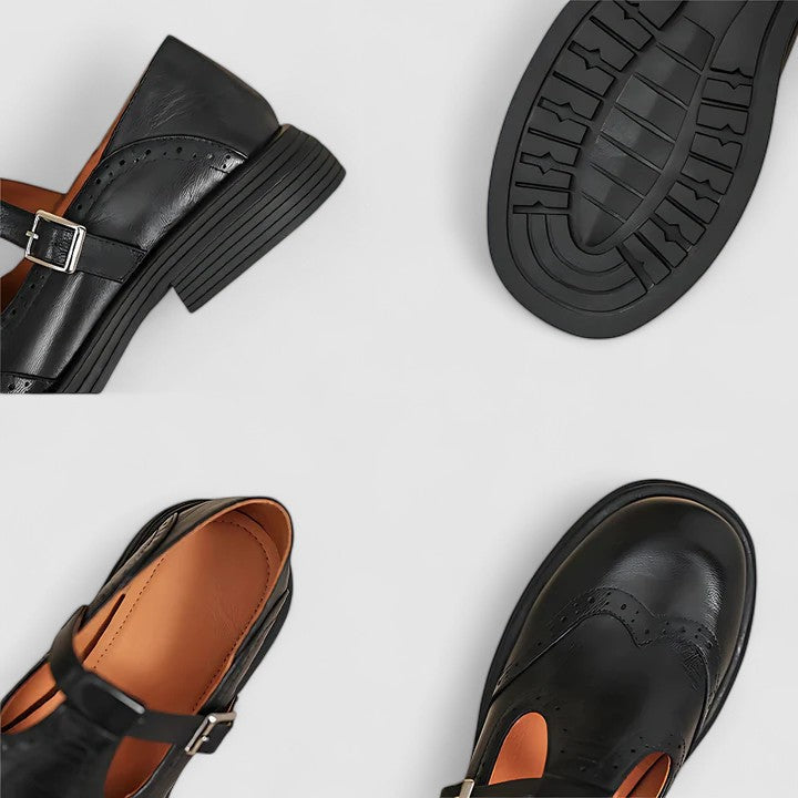Comfortable Leather Mary Jane Shoes for Women with Round Toe T Strap Brogue Non Slip Flat Style