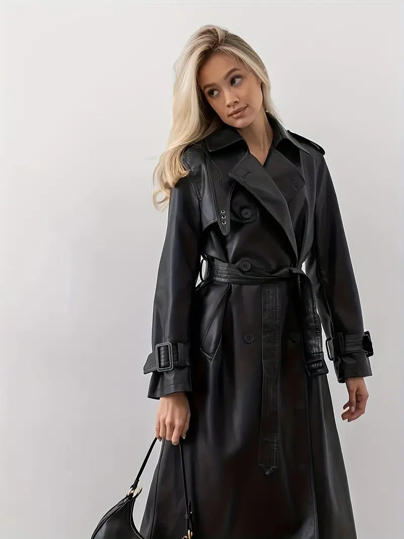 Classic Black Faux Leather Trench Coat for Women with Notched Lapel Long Sleeve Double Breasted Epaulette Style