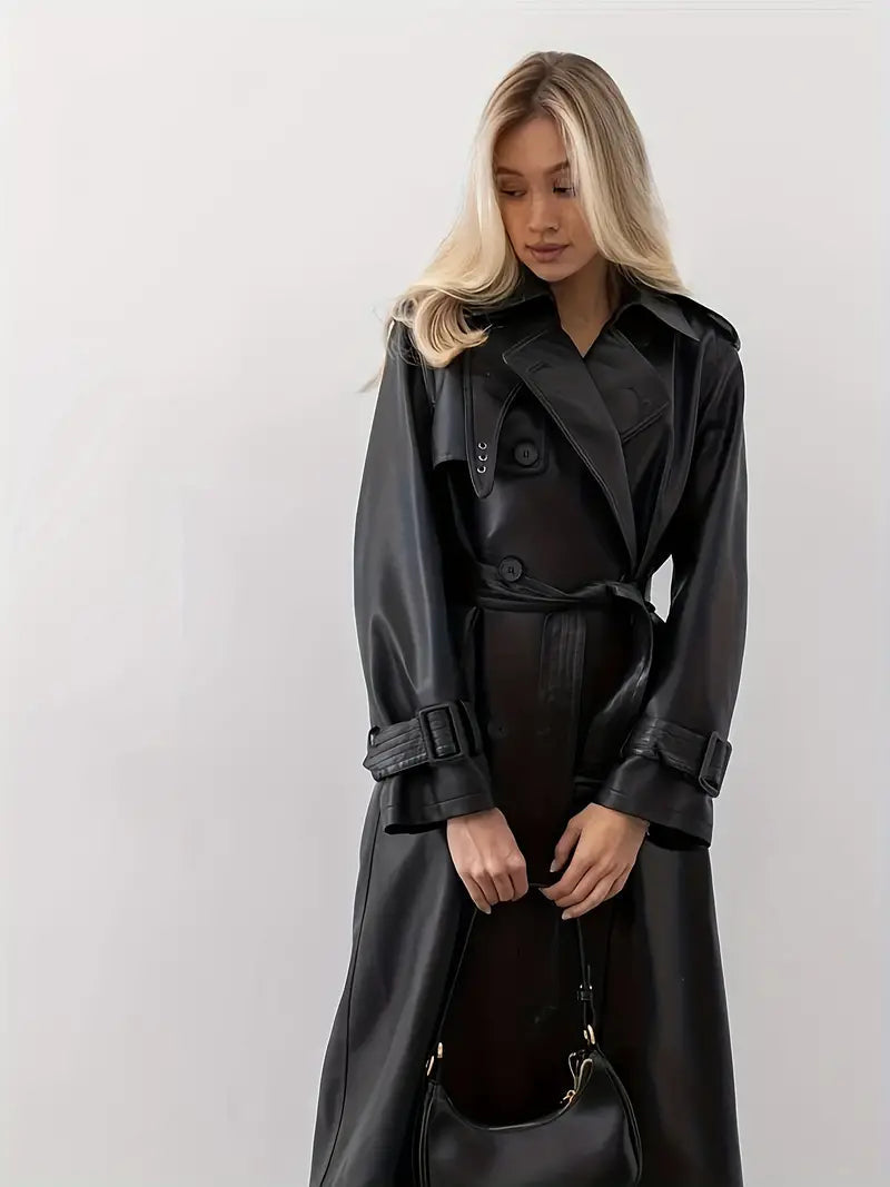 Classic Black Faux Leather Trench Coat for Women with Notched Lapel Long Sleeve Double Breasted Epaulette Style