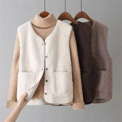 Cozy Fleece Cardigan Vest for Women with Button Front Sherpa Sleeveless Warm Relaxed Style
