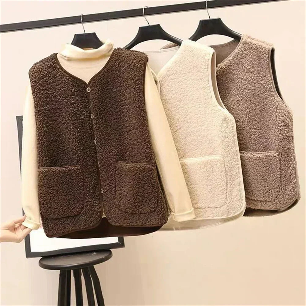 Cozy Fleece Cardigan Vest for Women with Button Front Sherpa Sleeveless Warm Relaxed Style