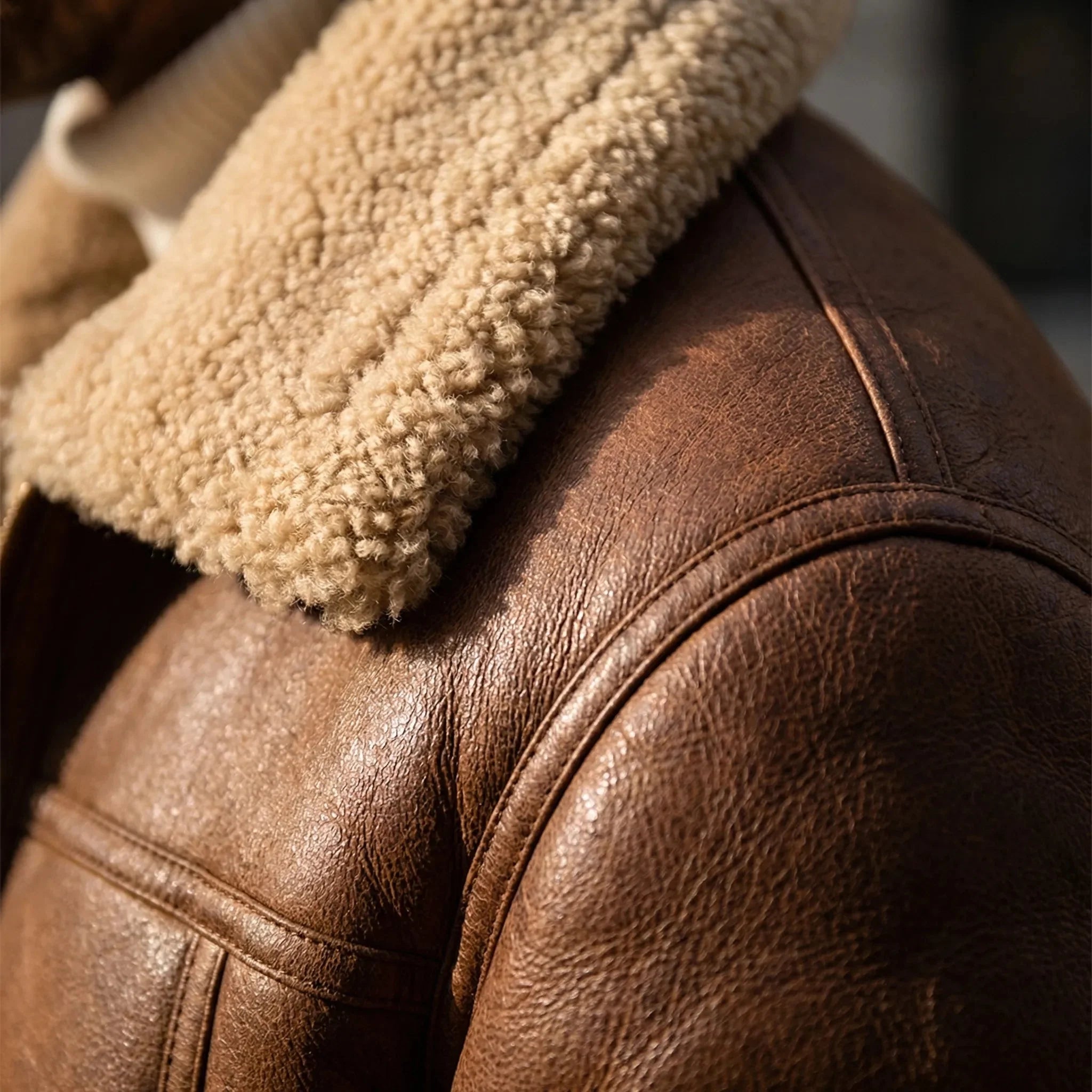 Warm Aviator Jacket for Men with Fur Collar Long Sleeve Zip Up Faux Shearling Moto Style
